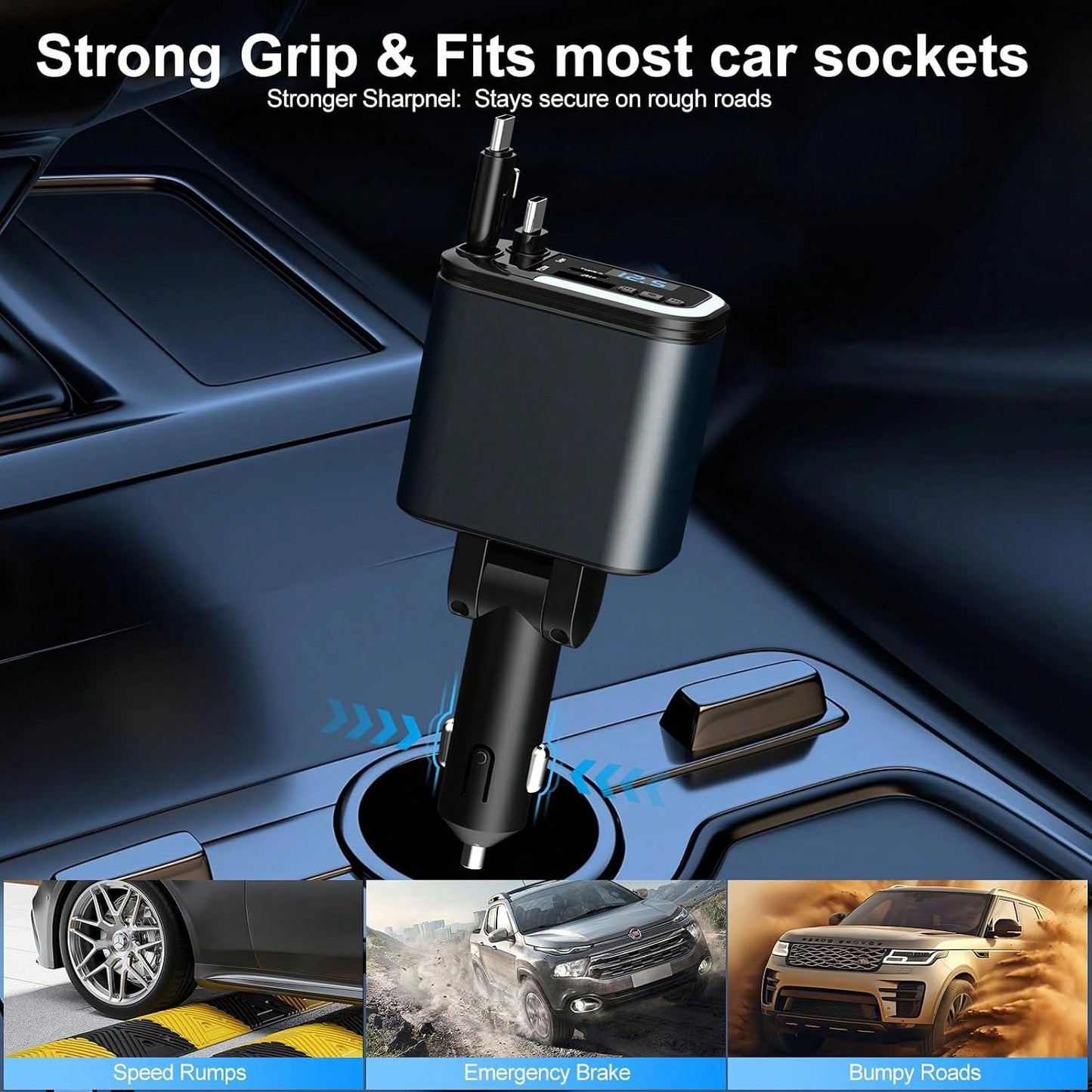 5-In-1 120W Fast Charging Retractable Car Charger, Wireless Bluetooth FM Transmitter, Car Charger Adapter, Compatible With IPhone 17/16/15/14 Pro Max & Android Devices