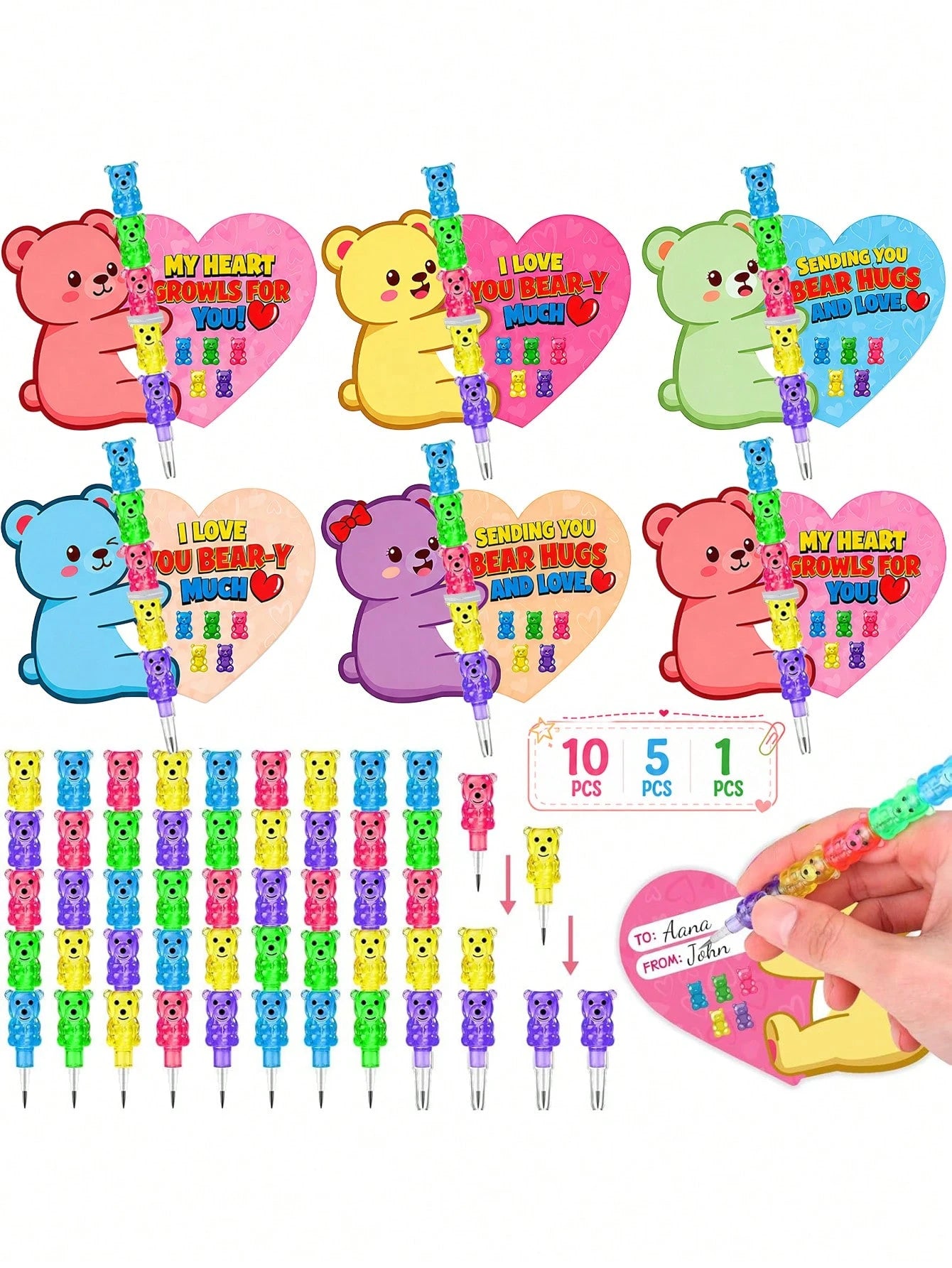 5-In-1 Colorful Bear Stackable Pencil With Bear Greeting Card, Children's Classroom Exchange Gift, School Party Gift Bag Filler, Kids Stationery Gift, Back To School Gift, School Gift Bag Giveaway