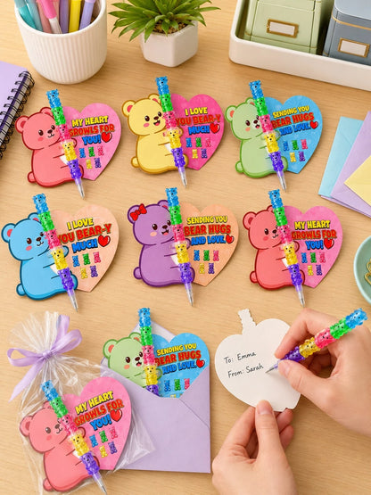 5-In-1 Colorful Bear Stackable Pencil With Bear Greeting Card, Children's Classroom Exchange Gift, School Party Gift Bag Filler, Kids Stationery Gift, Back To School Gift, School Gift Bag Giveaway