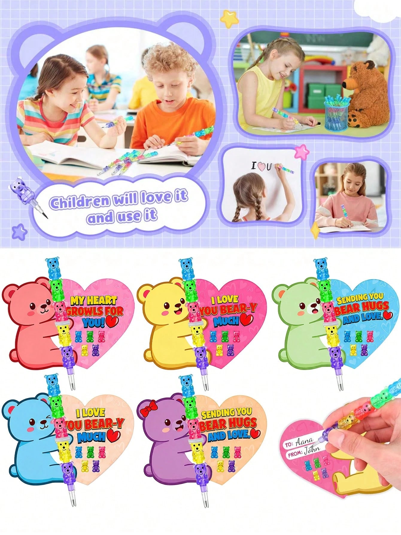 5-In-1 Colorful Bear Stackable Pencil With Bear Greeting Card, Children's Classroom Exchange Gift, School Party Gift Bag Filler, Kids Stationery Gift, Back To School Gift, School Gift Bag Giveaway