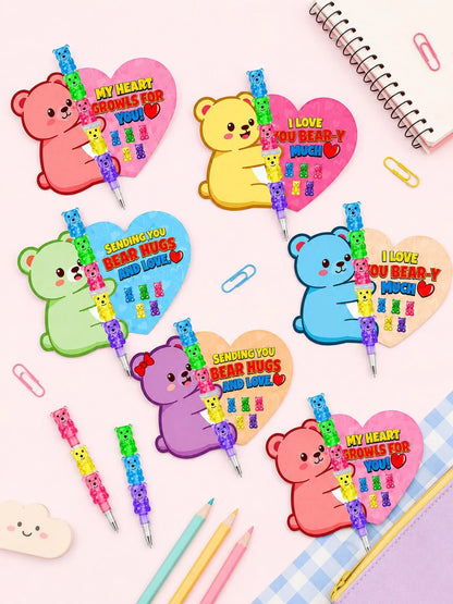 5-In-1 Colorful Bear Stackable Pencil With Bear Greeting Card, Children's Classroom Exchange Gift, School Party Gift Bag Filler, Kids Stationery Gift, Back To School Gift, School Gift Bag Giveaway