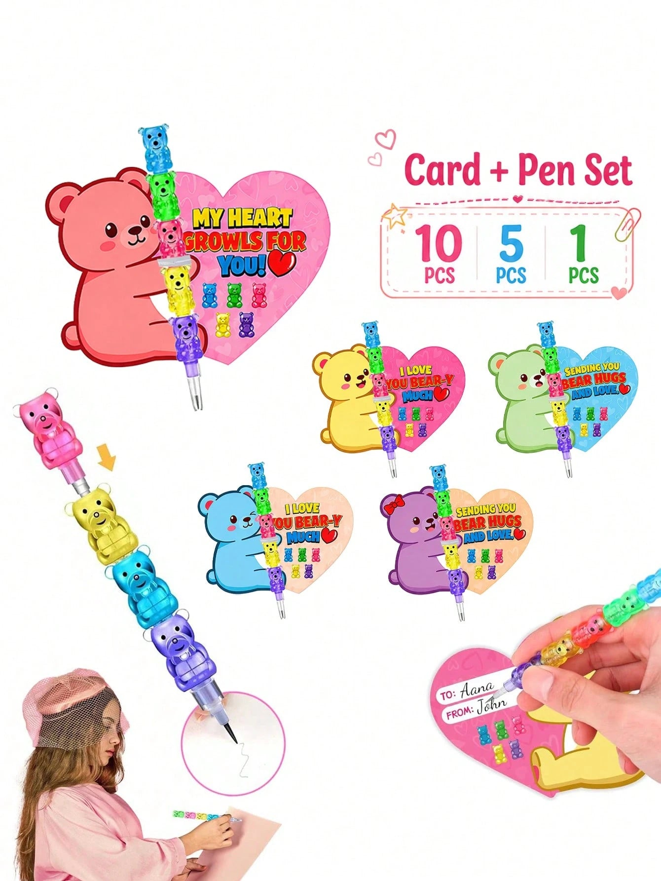 5-In-1 Colorful Bear Stackable Pencil With Bear Greeting Card, Children's Classroom Exchange Gift, School Party Gift Bag Filler, Kids Stationery Gift, Back To School Gift, School Gift Bag Giveaway