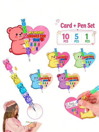 5-In-1 Colorful Bear Stackable Pencil With Bear Greeting Card, Children's Classroom Exchange Gift, School Party Gift Bag Filler, Kids Stationery Gift, Back To School Gift, School Gift Bag Giveaway