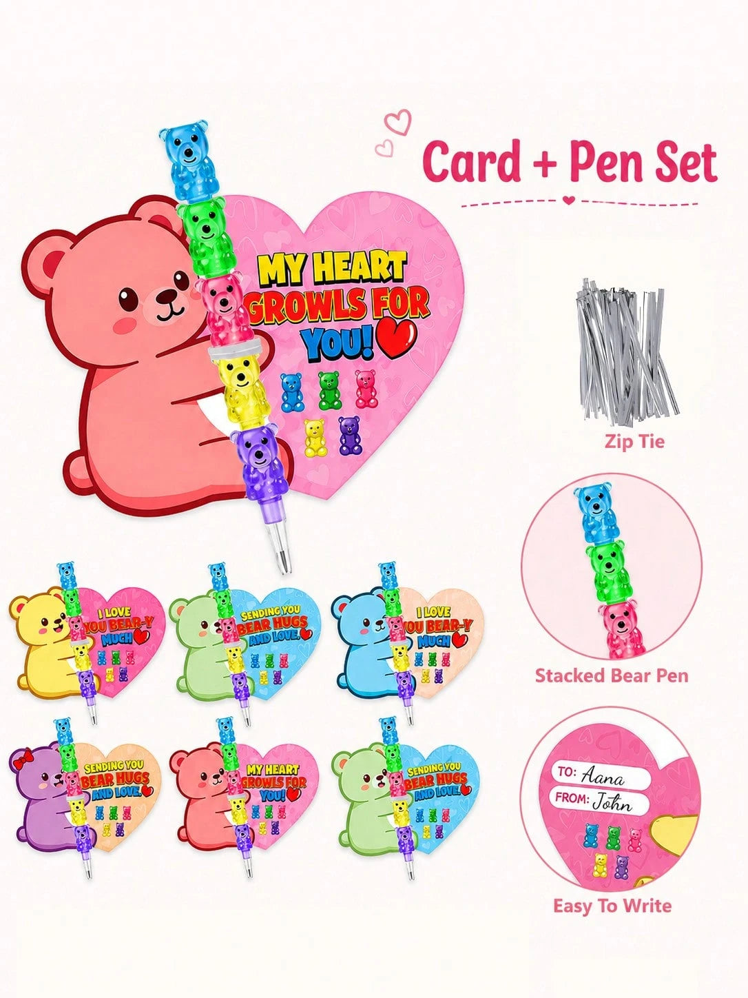 5-In-1 Colorful Bear Stackable Pencil With Bear Greeting Card, Children's Classroom Exchange Gift, School Party Gift Bag Filler, Kids Stationery Gift, Back To School Gift, School Gift Bag Giveaway