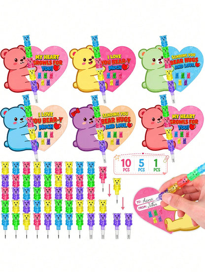 5-In-1 Colorful Bear Stackable Pencil With Bear Greeting Card, Children's Classroom Exchange Gift, School Party Gift Bag Filler, Kids Stationery Gift, Back To School Gift, School Gift Bag Giveaway