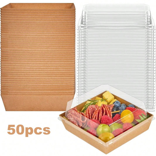 50 Pack 5 Inch Paper Charcuterie Boxes With Clear Lids, Square To Go Cake Slice Containers Small Kraft Bakery Boxes For Dessert, Cookies, Sandwich, Strawberries (Brown)