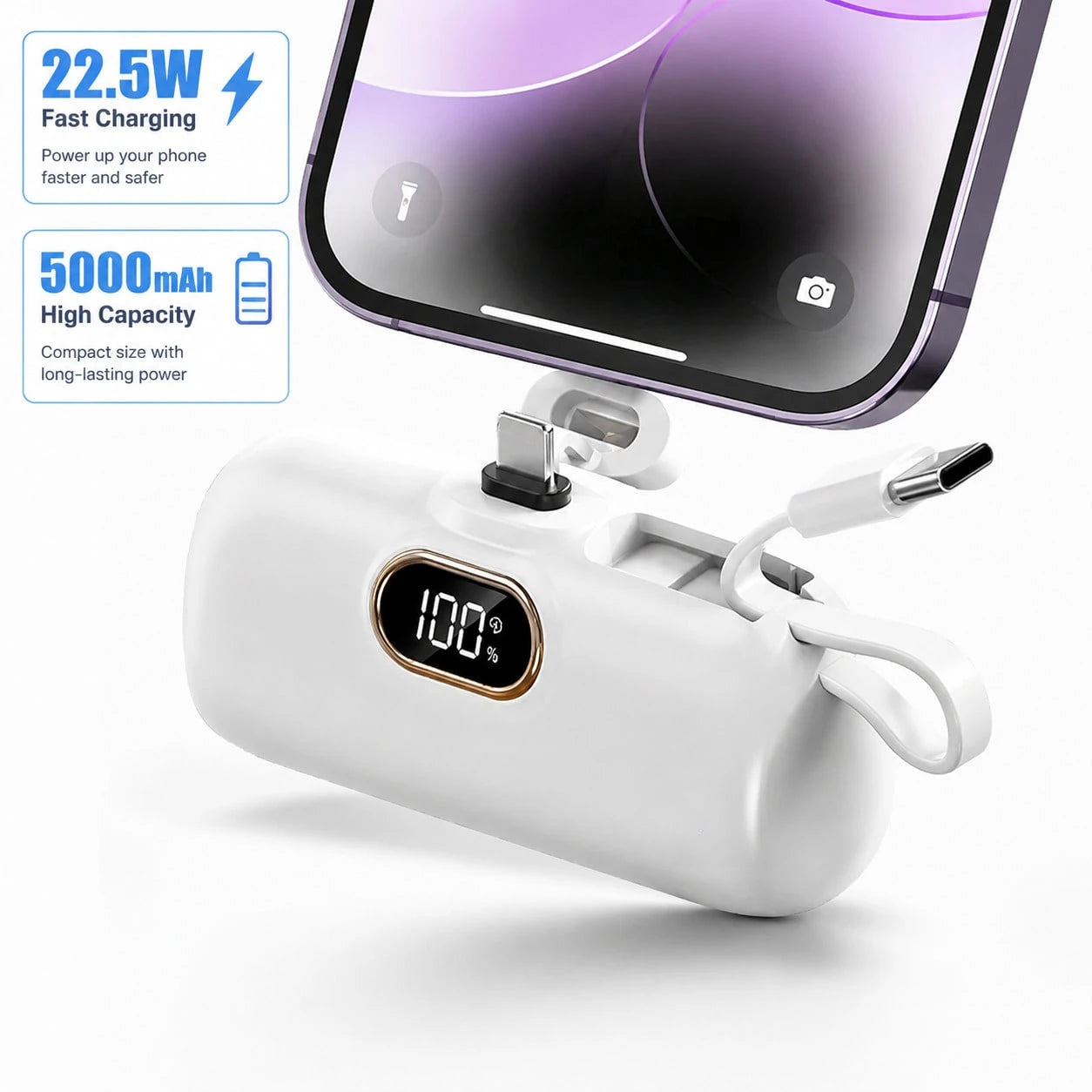 5000mAh Handbag Sized Power Bank 22.5W Quick Charge Mini Pocket Power Bank With Built-In Lightning & Type-C Cables Battery Level Indicator Plug-In Direct Phone Charge Dual Ports Power Delivery Ultra C