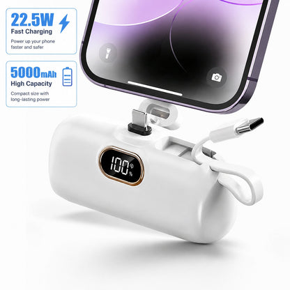 5000mAh Handbag Sized Power Bank 22.5W Quick Charge Mini Pocket Power Bank With Built-In Lightning & Type-C Cables Battery Level Indicator Plug-In Direct Phone Charge Dual Ports Power Delivery Ultra C