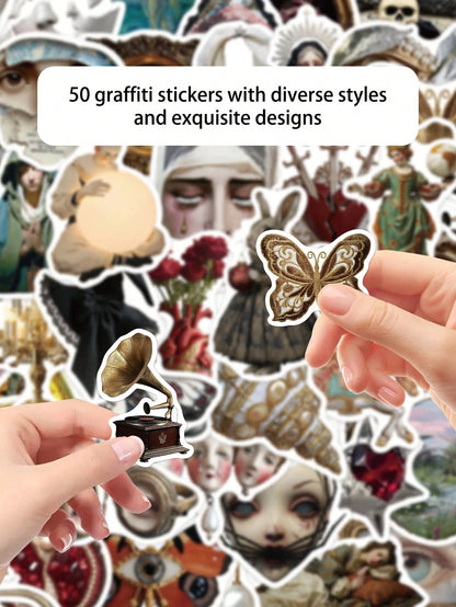 50pcs European Style Quirky Waterproof Stickers For Laptop, Skateboard, Guitar, Desk, Wall, Water Bottle, Refrigerator, Luggage, Scrapbook, DIY Phone Case, Room Decor, Home Decor, Birthday Gift, Holid
