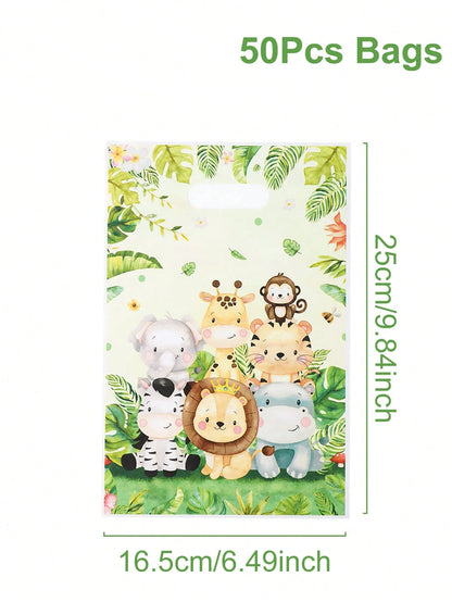 50pcs Jungle Animal Theme Gift Bags, Cartoon Animal Pattern Gift Packaging Bags, Portable Bags, Jungle Animal Party, Jungle Adventure Party, Jungle Animal Theme Birthday Party, Baby Boy Gift Wrapping