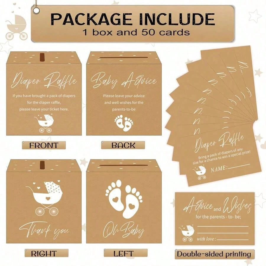 51 Piece Diaper Raffle Ticket Game Set With Decorative Box- 50 Double-Side Printing Fun Baby Shower Game Tickets + 1 Raffle Card Game Box- Great For Gender Reveals- Fun Table Centerpieces And Boy/G