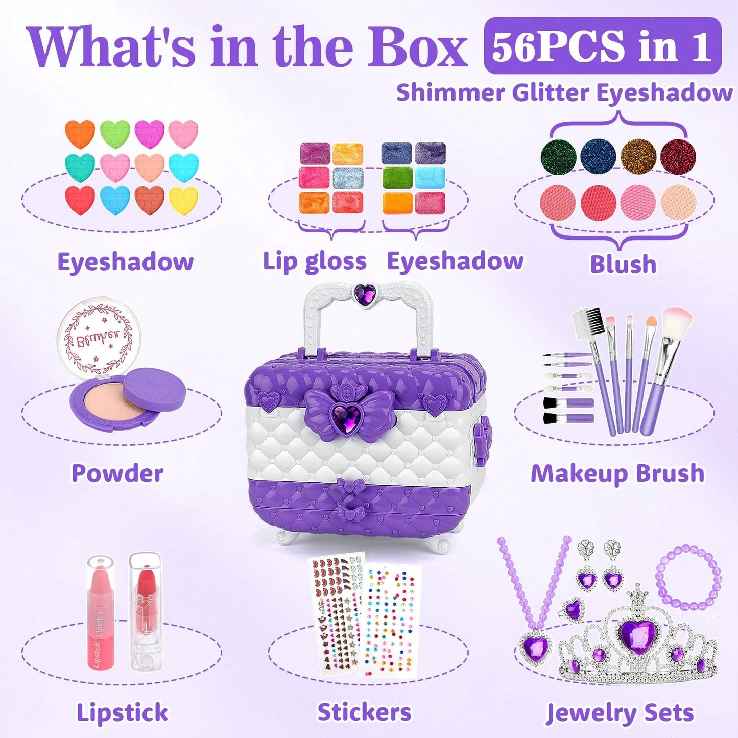 56 PCS Real Washable Kids Makeup Girl Toys, Princess Dress Up Girls Toys, Princess Jewelry Birthday Christmas Gifts For Girls Ages 3 4 5 6 7 8 9 10 12