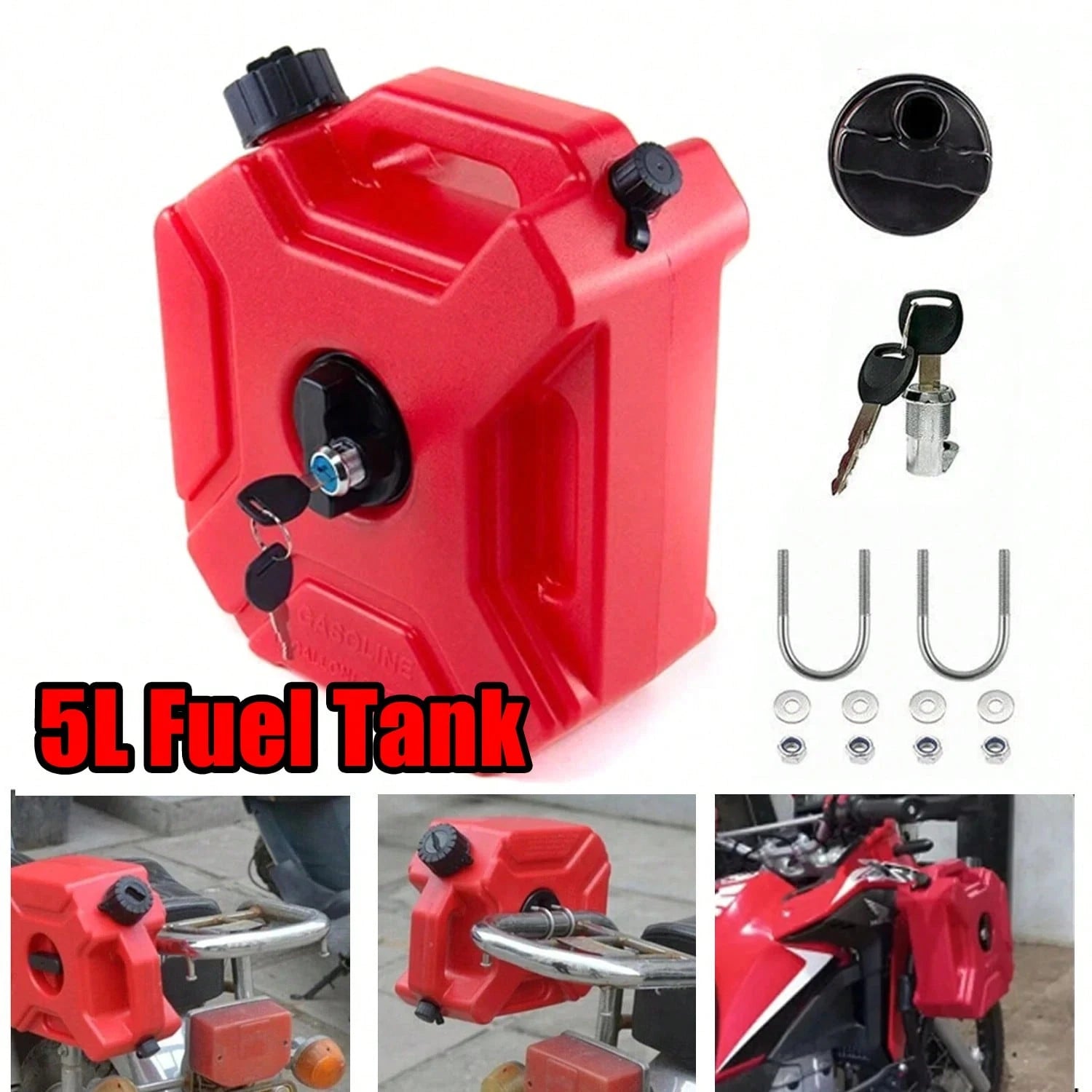 5L Gas Fuel Tank, Motorcycle Oil Tank, Medium Size Fluids Storage, Leak Proof Design, With Locking Mounting Upgraded Bracket Mounting 5L/ 1.3 Gallon Fits For Car Motorcycle SUV ATV UTV/U Bolt For 1"
