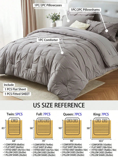 5Pcs/7-Pcs Queen Pinched Pleat Bed Comforter Sets Queen- Luxurious, Soft, Breathable, And Cooling Summer Bedding For All Seasons With Sheets, Pinched Pleat Design, And Bed-In-A-Bag- Easy Care, Mac