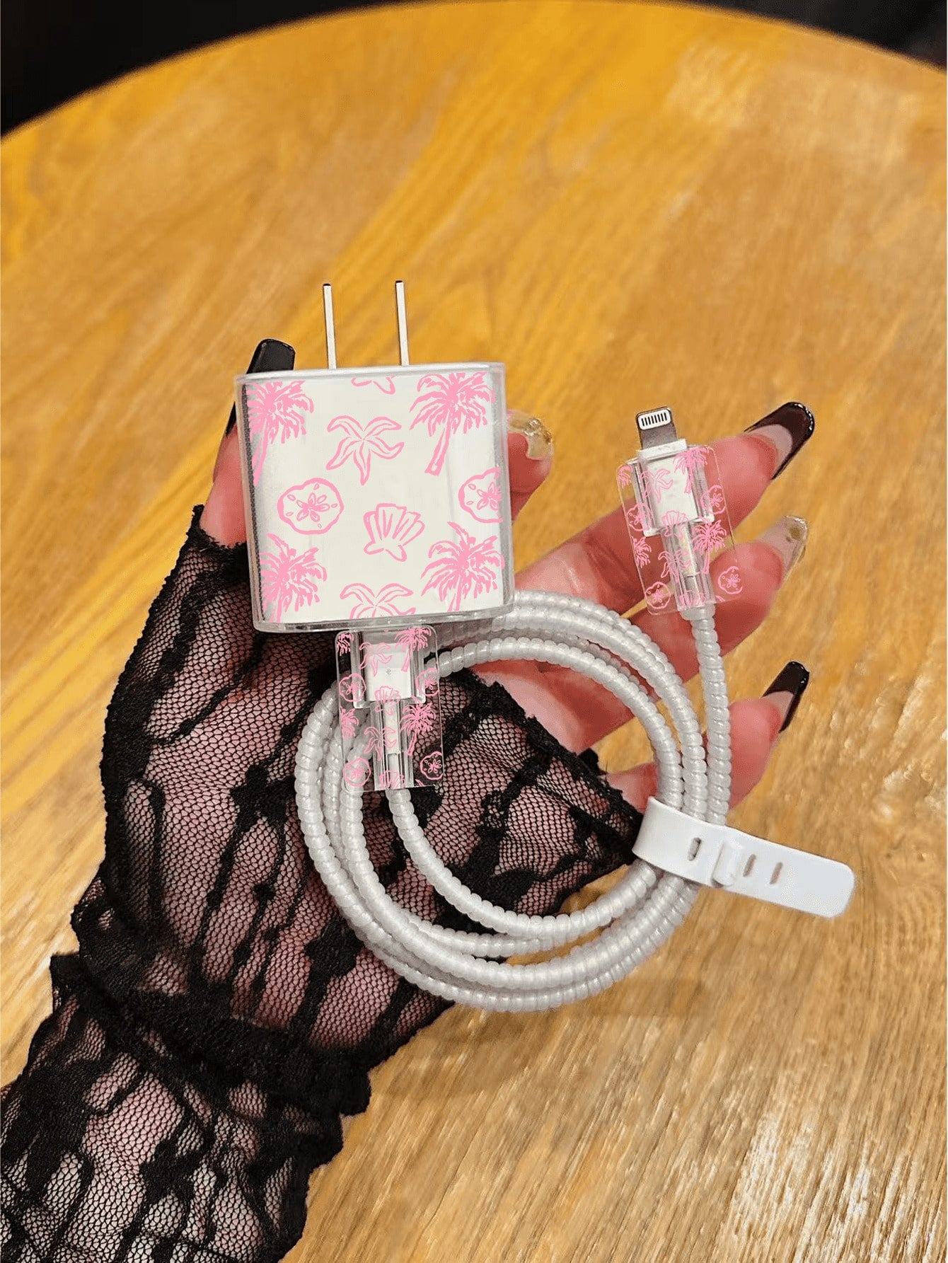5pcs Charger Protective Case Set, Summer Beach Coconut Tree Pattern, Includes Data Cable Storage Accessories, 20W/18W Charging Adapter And Adapter Head Cover, Compatible With Apple 11/12/13/14/15/16/1