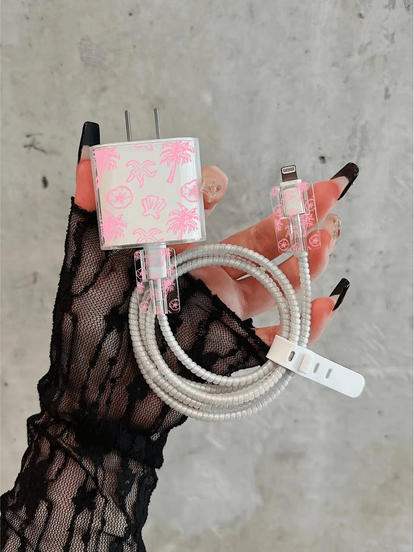 5pcs Charger Protective Case Set, Summer Beach Coconut Tree Pattern, Includes Data Cable Storage Accessories, 20W/18W Charging Adapter And Adapter Head Cover, Compatible With Apple 11/12/13/14/15/16/1