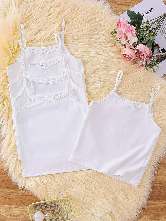 5pcs/Pack Young Girl Casual Milk Silk Fabric Simple Camisole Vest With Bow, Comfortable & Suitable For Outerwear