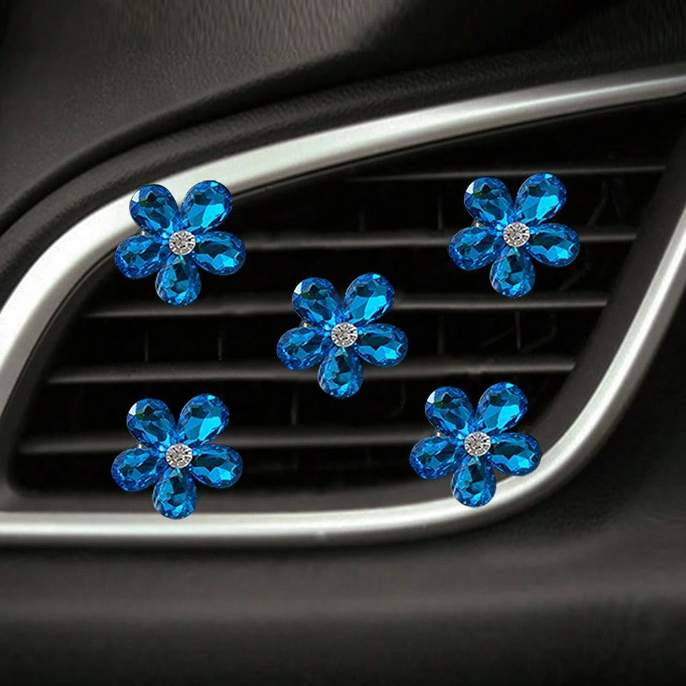 5pcs Shiny Crystal Flower Car Air Vent Clip Decor, Car Interior Ornament, Personalized Decoration For Men And Women