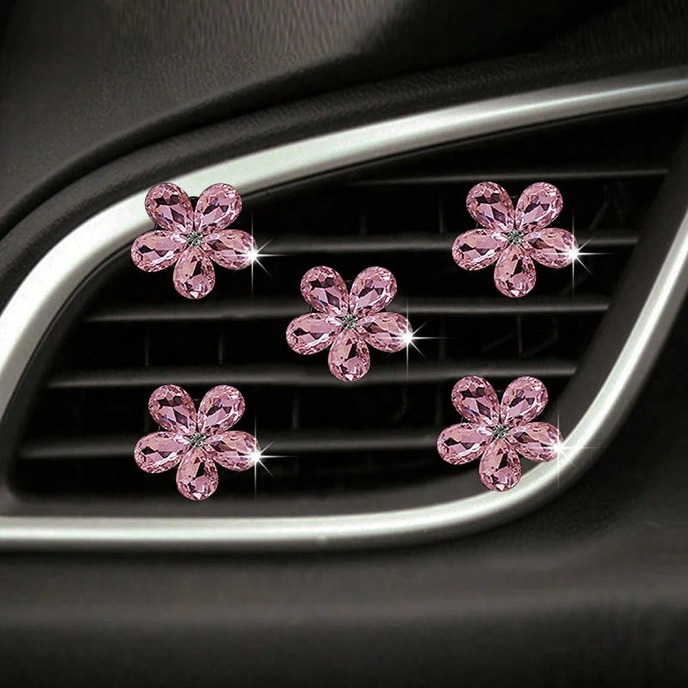 5pcs Shiny Crystal Flower Car Air Vent Clip Decor, Car Interior Ornament, Personalized Decoration For Men And Women