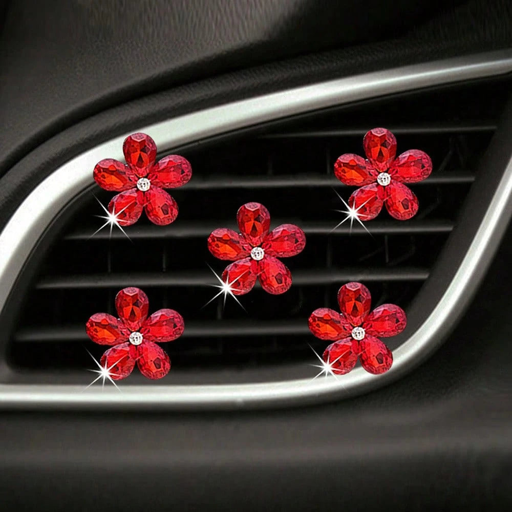 5pcs Shiny Crystal Flower Car Air Vent Clip Decor, Car Interior Ornament, Personalized Decoration For Men And Women