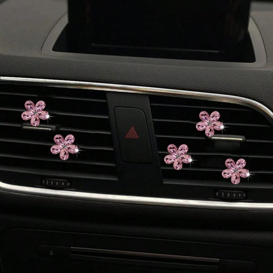 5pcs Shiny Crystal Flower Car Air Vent Clip Decor, Car Interior Ornament, Personalized Decoration For Men And Women