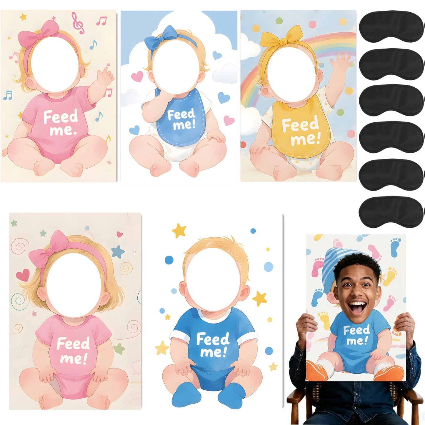 "6 Sets Blindfolded Baby Shower Games Feed Me Baby Shower Game Blindfolded Baby Food Feeding Game Gender Reveal Game Baby Shower Party Supplies"