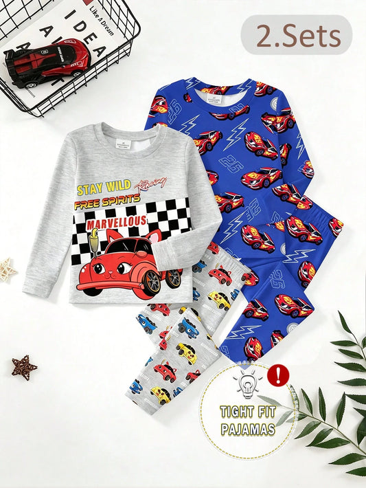 [6 Sets Randomly Send 2 Sets]Young Boys Pajamas Cartoon Car Print Long Sleeve Long Pants Knit Snug Fit Sleepwear Loungewear Set