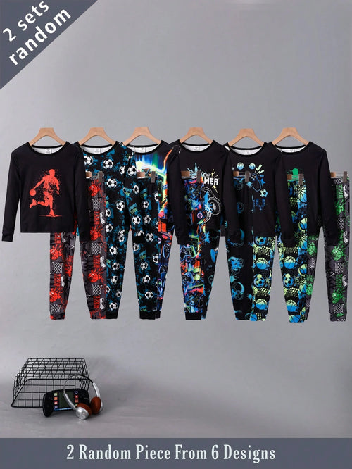 6 Sets Randomly Sent 2 Sets Autumn/Winter Tween Boys Home Wear Cute Sports Rock Football Headphone Game Console Print Soft Comfortable Snug Fit Long Sleeve Long Pants Set