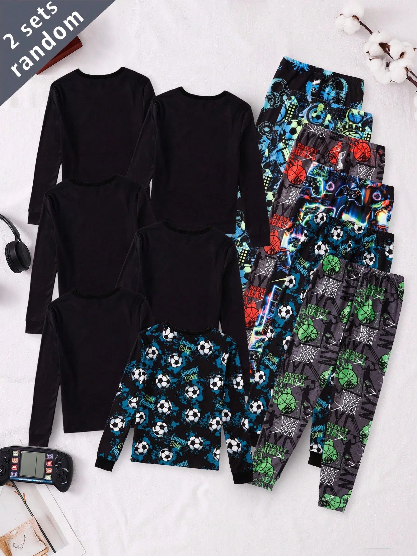 6 Sets Randomly Sent 2 Sets Autumn/Winter Tween Boys Home Wear Cute Sports Rock Football Headphone Game Console Print Soft Comfortable Snug Fit Long Sleeve Long Pants Set