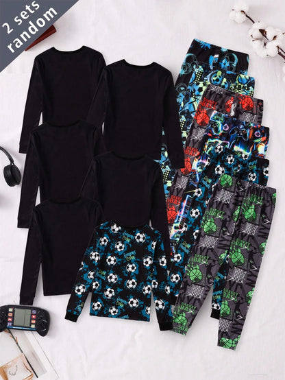 6 Sets Randomly Sent 2 Sets Autumn/Winter Tween Boys Home Wear Cute Sports Rock Football Headphone Game Console Print Soft Comfortable Snug Fit Long Sleeve Long Pants Set