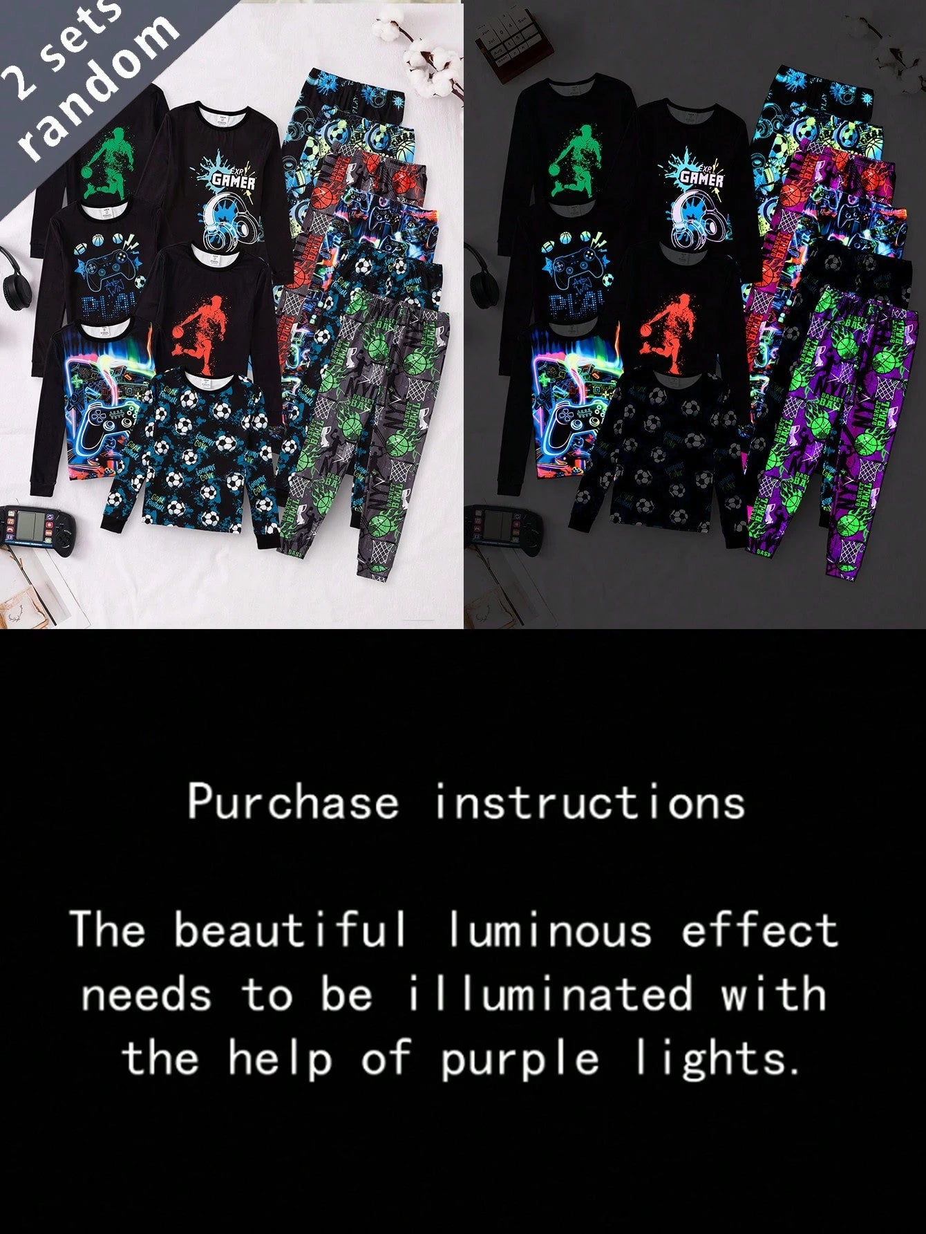 6 Sets Randomly Sent 2 Sets Autumn/Winter Tween Boys Home Wear Cute Sports Rock Football Headphone Game Console Print Soft Comfortable Snug Fit Long Sleeve Long Pants Set