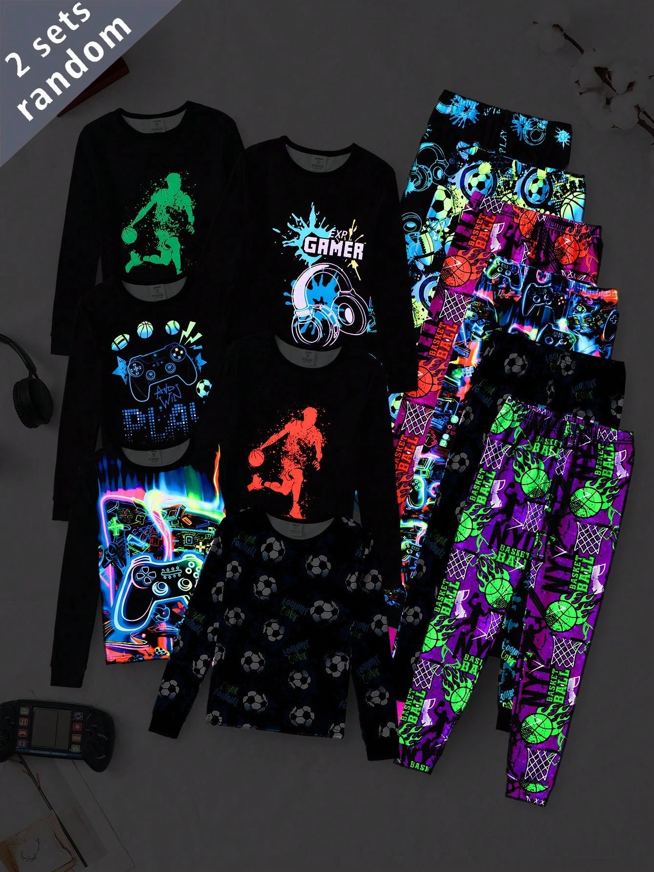 6 Sets Randomly Sent 2 Sets Autumn/Winter Tween Boys Home Wear Cute Sports Rock Football Headphone Game Console Print Soft Comfortable Snug Fit Long Sleeve Long Pants Set