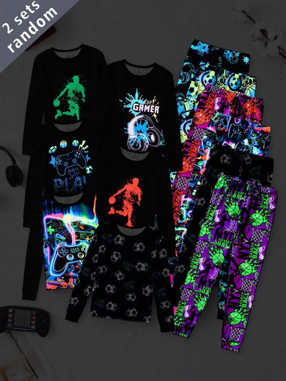 6 Sets Randomly Sent 2 Sets Autumn/Winter Tween Boys Home Wear Cute Sports Rock Football Headphone Game Console Print Soft Comfortable Snug Fit Long Sleeve Long Pants Set