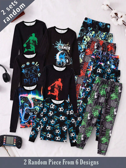 6 Sets Randomly Sent 2 Sets Autumn/Winter Tween Boys Home Wear Cute Sports Rock Football Headphone Game Console Print Soft Comfortable Snug Fit Long Sleeve Long Pants Set