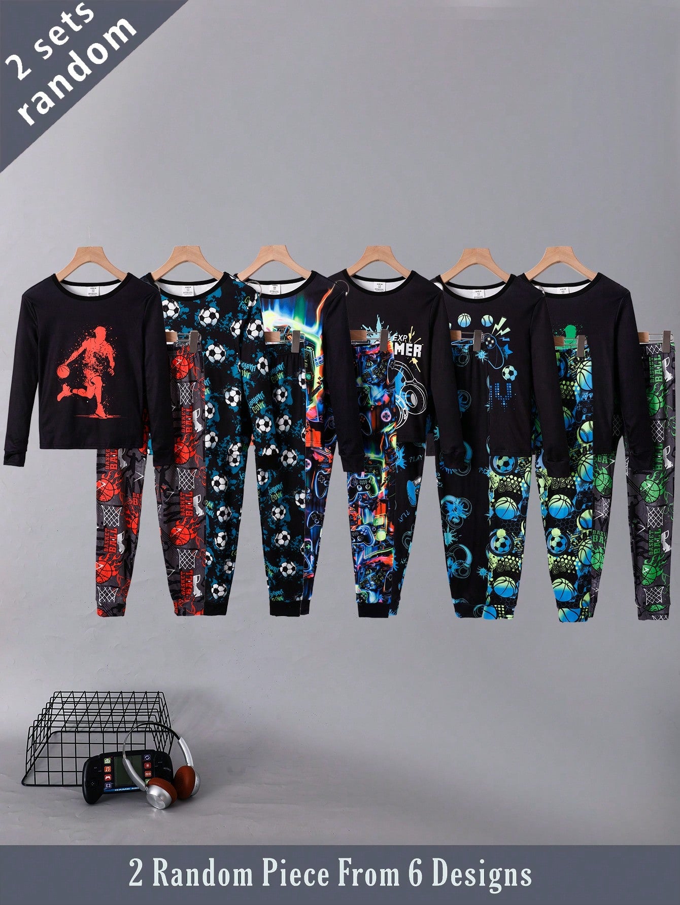 6 Sets Randomly Sent 2 Sets Autumn/Winter Tween Boys Home Wear Cute Sports Rock Football Headphone Game Console Print Soft Comfortable Snug Fit Long Sleeve Long Pants Set