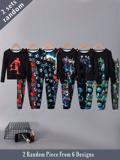 6 Sets Randomly Sent 2 Sets Autumn/Winter Tween Boys Home Wear Cute Sports Rock Football Headphone Game Console Print Soft Comfortable Snug Fit Long Sleeve Long Pants Set