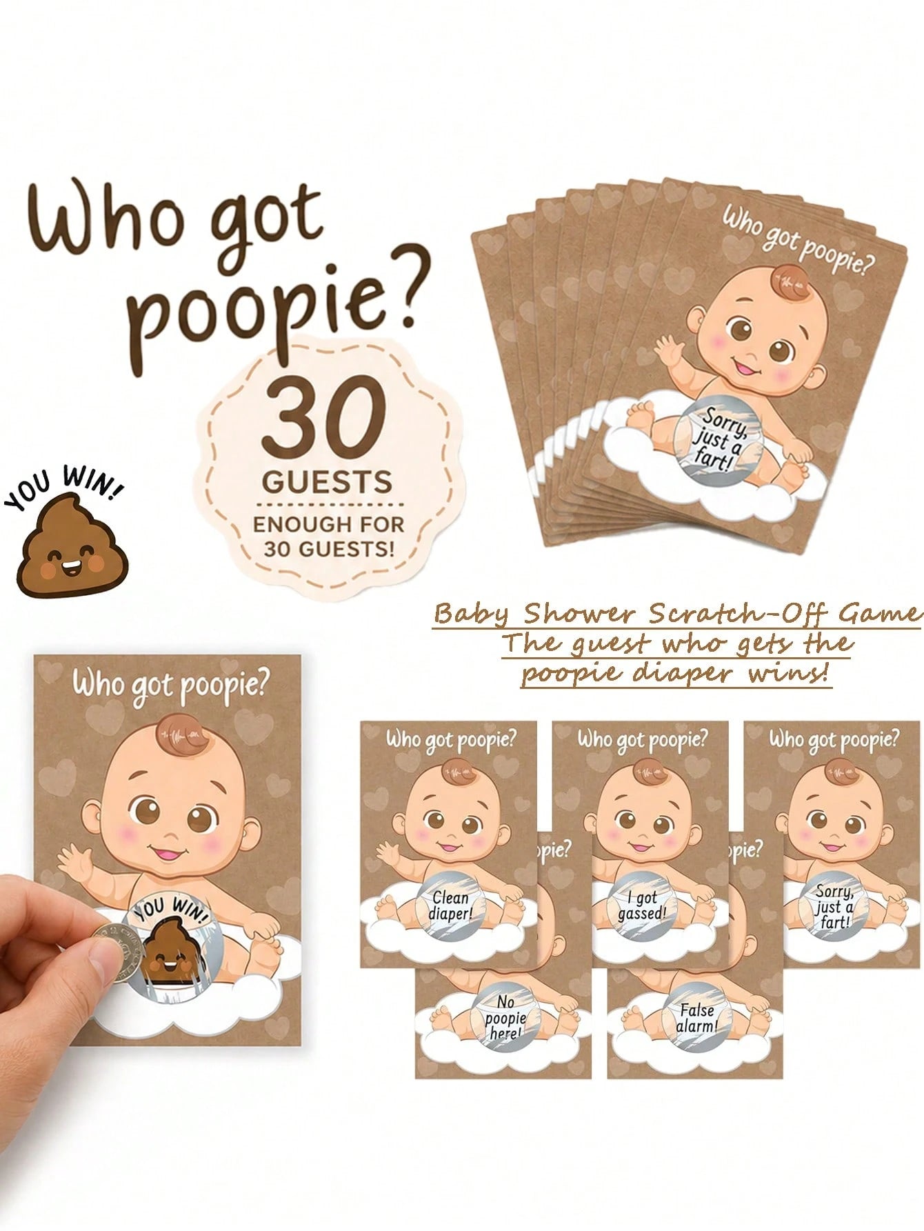 60pcs/30pcs- Baby Shower Party Fun & Joy Baby Gift Party- Funny Poop Scratch-Off- Unisex Ideal Choice, Diaper Raffle Tickets, Gender Reveal Party Supplies, Baby Shower Party Favors, Baby Shower Act