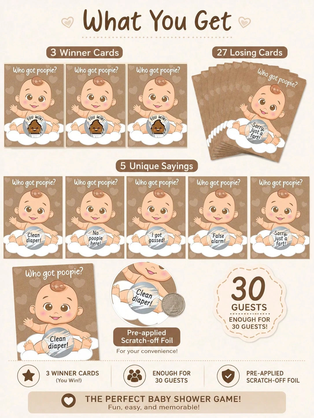 60pcs/30pcs- Baby Shower Party Fun & Joy Baby Gift Party- Funny Poop Scratch-Off- Unisex Ideal Choice, Diaper Raffle Tickets, Gender Reveal Party Supplies, Baby Shower Party Favors, Baby Shower Act