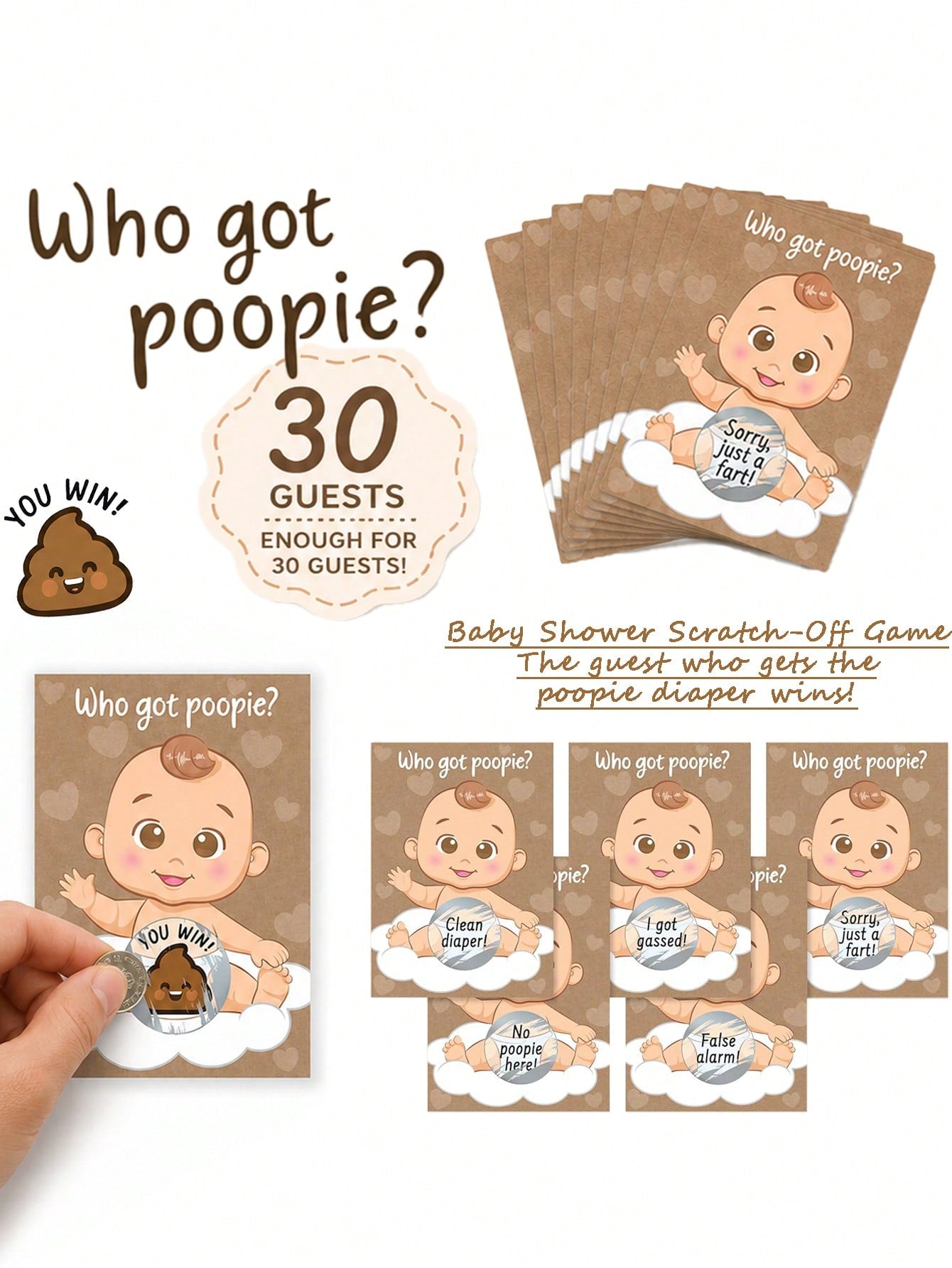 60pcs/30pcs- Baby Shower Party Fun & Joy Baby Gift Party- Funny Poop Scratch-Off- Unisex Ideal Choice, Diaper Raffle Tickets, Gender Reveal Party Supplies, Baby Shower Party Favors, Baby Shower Act