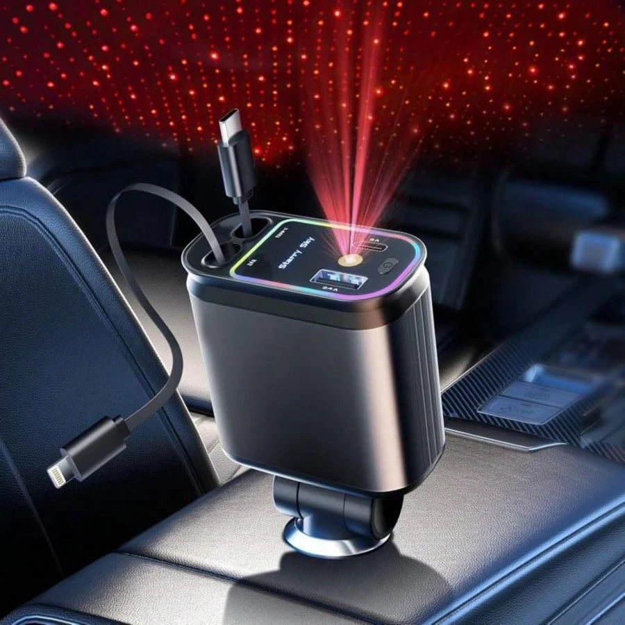 66W Retractable Car Charger, 4-In-1 Fast Charging Adapter, Equipped With 2 USB Ports And A Type-C Data Cable, 180° Adjustable Rotation Design, Compatible With IPhone 17/16/15/14/13/12/11 And Android D