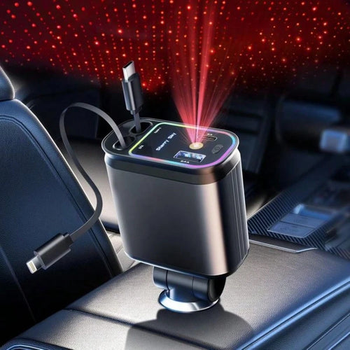 66W Retractable Car Charger, 4-In-1 Fast Charging Adapter, Equipped With 2 USB Ports And A Type-C Data Cable, 180° Adjustable Rotation Design, Compatible With IPhone 17/16/15/14/13/12/11 And Android D