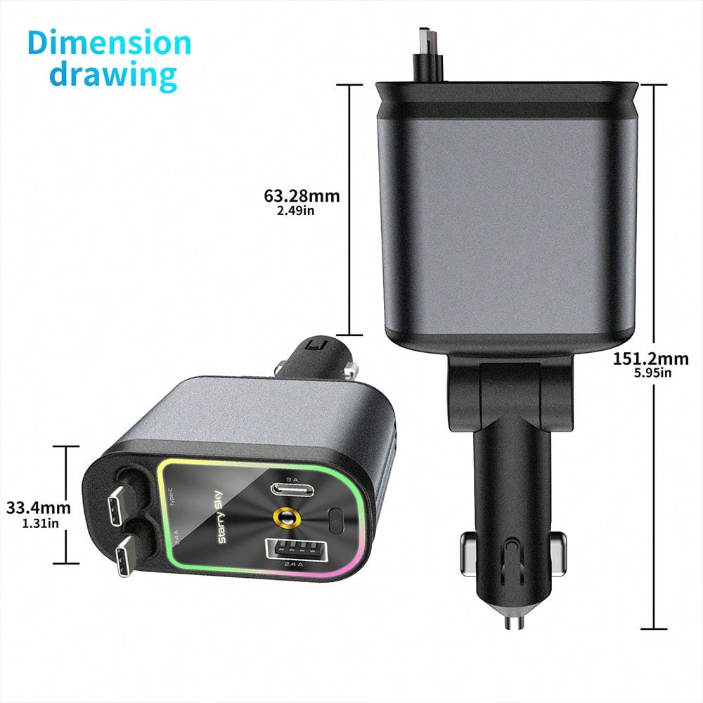 66W Retractable Car Charger, 4-In-1 Fast Charging Adapter, Equipped With 2 USB Ports And A Type-C Data Cable, 180° Adjustable Rotation Design, Compatible With IPhone 17/16/15/14/13/12/11 And Android D