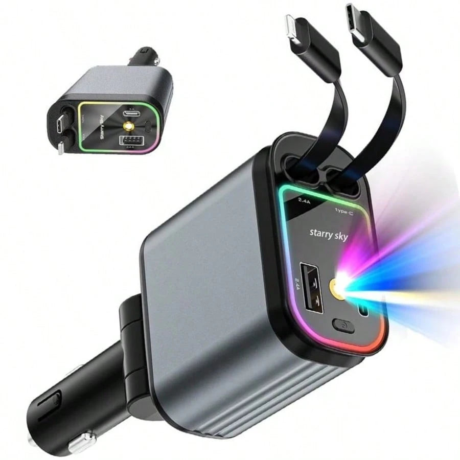 66W Retractable Car Charger, 4-In-1 Fast Charging Adapter, Equipped With 2 USB Ports And A Type-C Data Cable, 180° Adjustable Rotation Design, Compatible With IPhone 17/16/15/14/13/12/11 And Android D