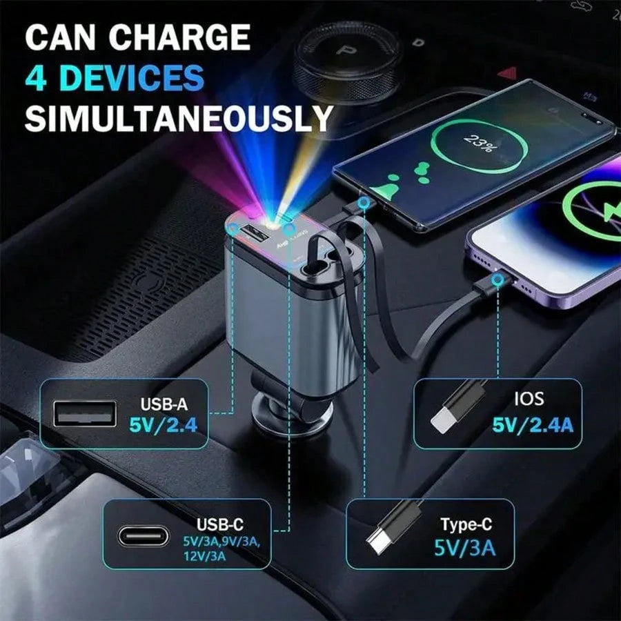 66W Retractable Car Charger, 4-In-1 Fast Charging Adapter, Equipped With 2 USB Ports And A Type-C Data Cable, 180° Adjustable Rotation Design, Compatible With IPhone 17/16/15/14/13/12/11 And Android D