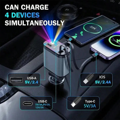 66W Retractable Car Charger, 4-In-1 Fast Charging Adapter, Equipped With 2 USB Ports And A Type-C Data Cable, 180° Adjustable Rotation Design, Compatible With IPhone 17/16/15/14/13/12/11 And Android D