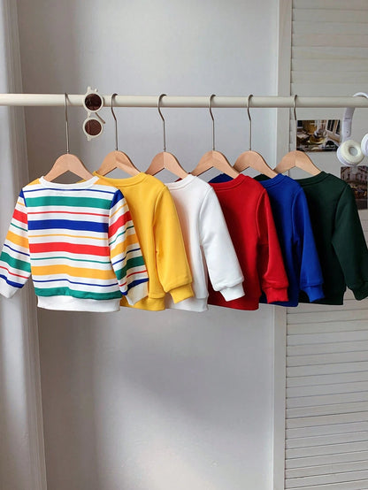 6pcs Baby Boy & Baby Girl Sweatshirts,Blue White Stripe,Autumn,Casual,Back-To-School Christmas Preppy Style Multi-Pack Colorful Stripe Pullover Tops