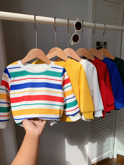 6pcs Baby Boy & Baby Girl Sweatshirts,Blue White Stripe,Autumn,Casual,Back-To-School Christmas Preppy Style Multi-Pack Colorful Stripe Pullover Tops
