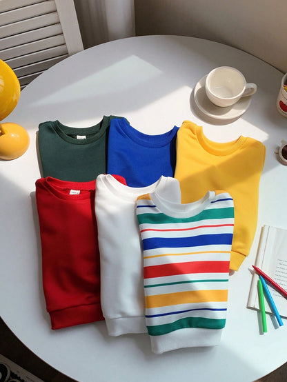 6pcs Baby Boy & Baby Girl Sweatshirts,Blue White Stripe,Autumn,Casual,Back-To-School Christmas Preppy Style Multi-Pack Colorful Stripe Pullover Tops