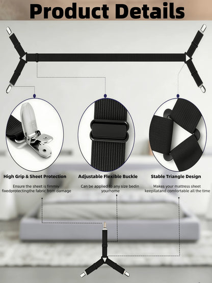 6PCS Bed Sheet Straps, Fitted Bed Sheet Fastener Clips, Adjustable Crisscross Bed Sheet Holder Straps For Corners, Mattress Sheet Suspender Grippers, Bedding Accessories, Black