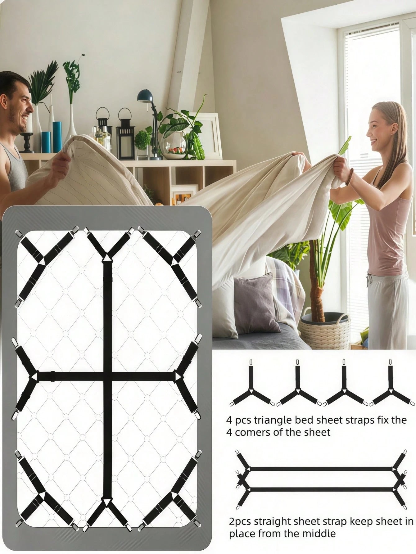 6PCS Bed Sheet Straps, Fitted Bed Sheet Fastener Clips, Adjustable Crisscross Bed Sheet Holder Straps For Corners, Mattress Sheet Suspender Grippers, Bedding Accessories, Black